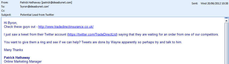 Email from Patrick showing social media monitoring in action